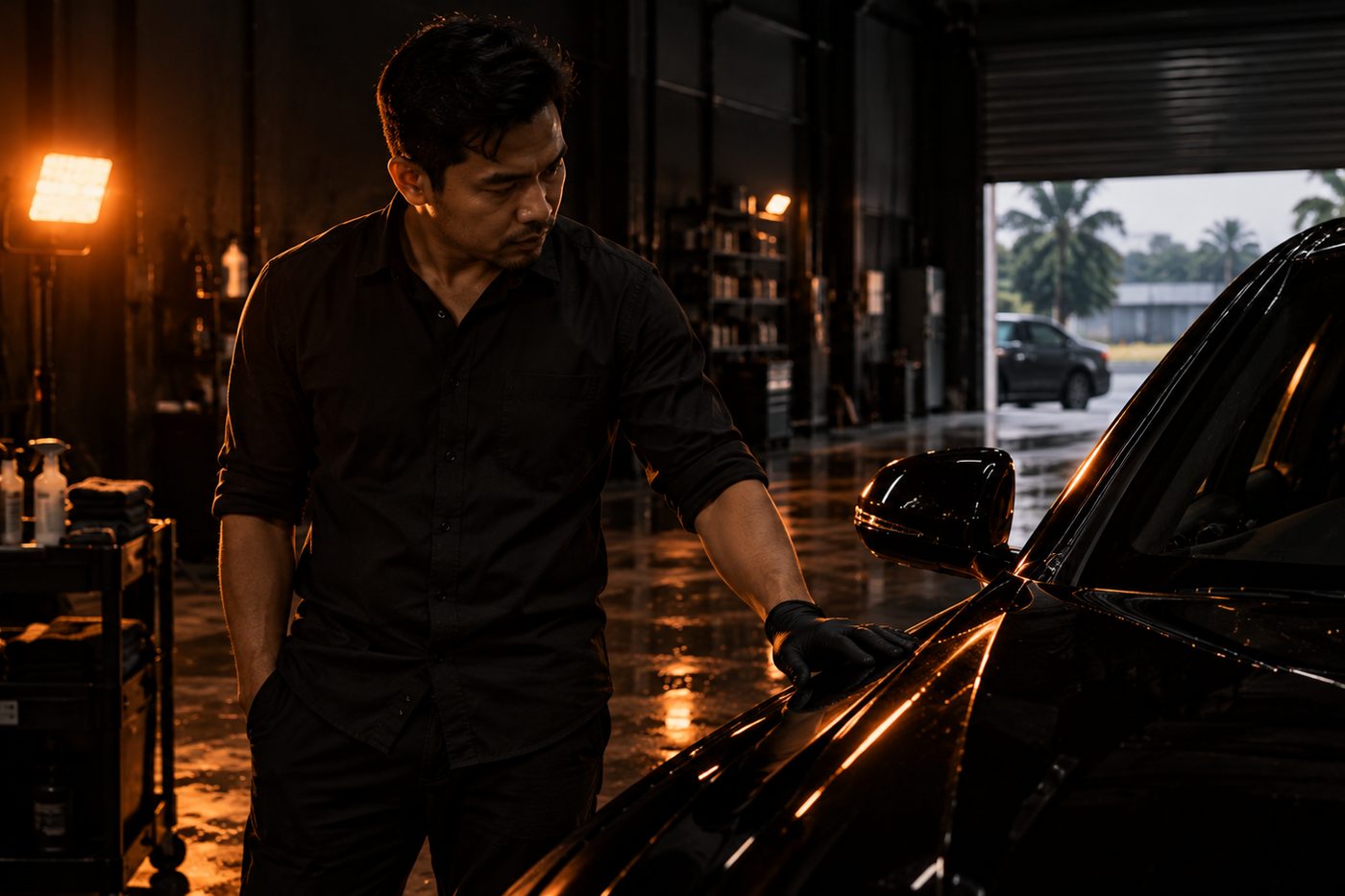 Farid Rahman beside a dark car in the bay, one glove off, looking down at a panel he has just checked.