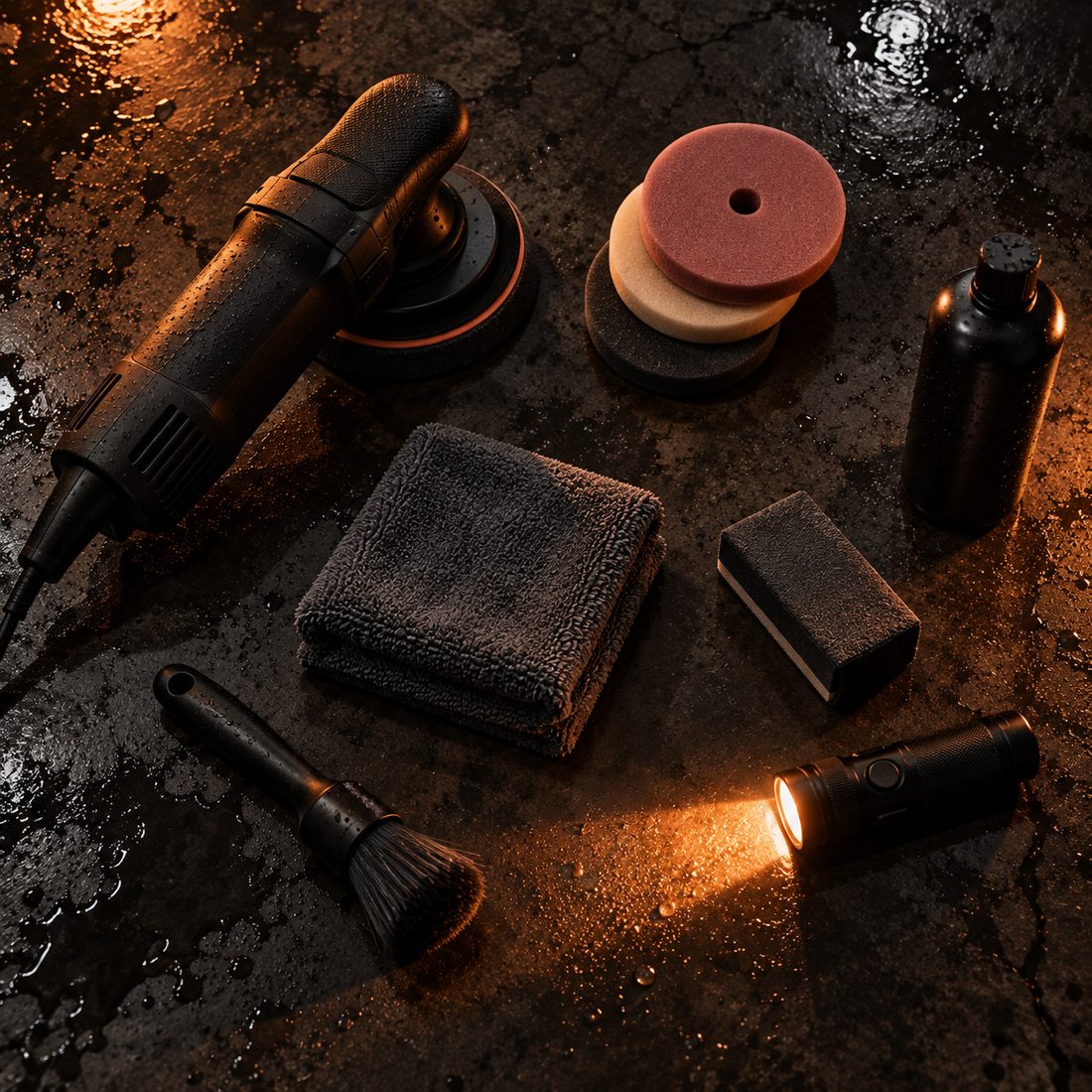 Overhead flat lay on wet concrete: a polisher, three grades of foam pad, microfibre, an applicator block and an inspection torch throwing an amber streak.