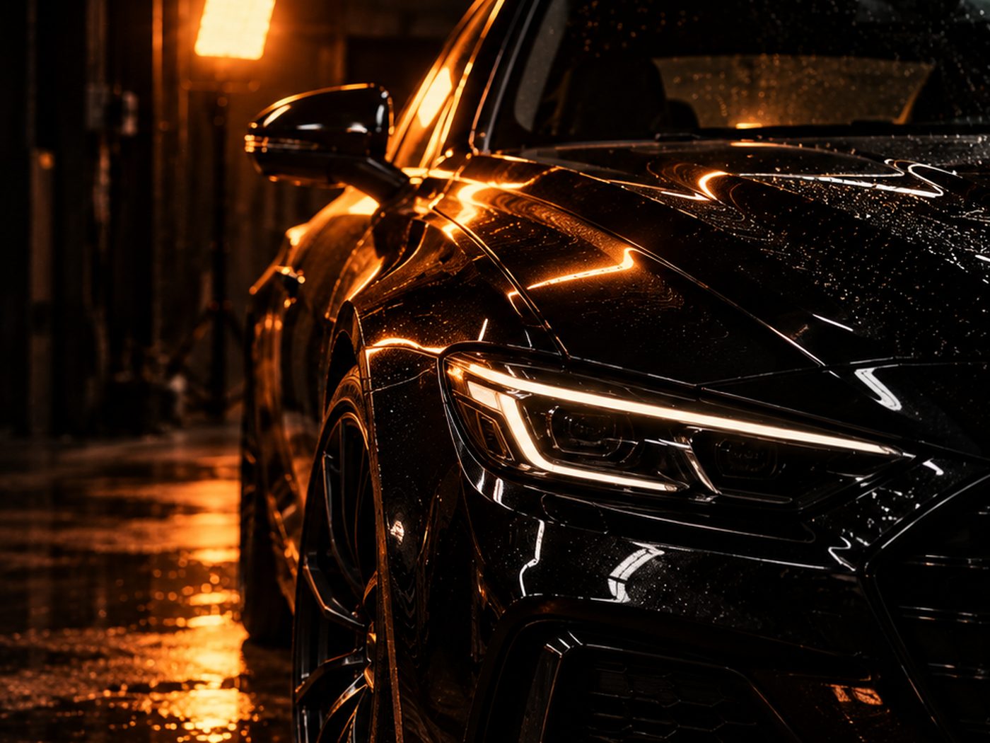 A gloss black wing and headlight, mirror-bright, the amber work lamp drawn across it in one unbroken line.
