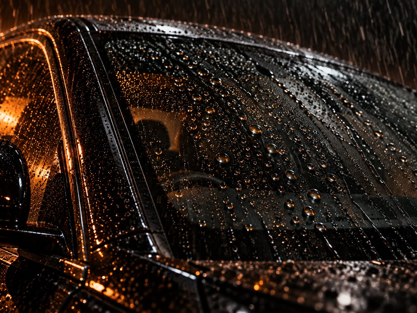 Heavy rain beading off a treated windscreen in fat round droplets, each catching a point of amber light.