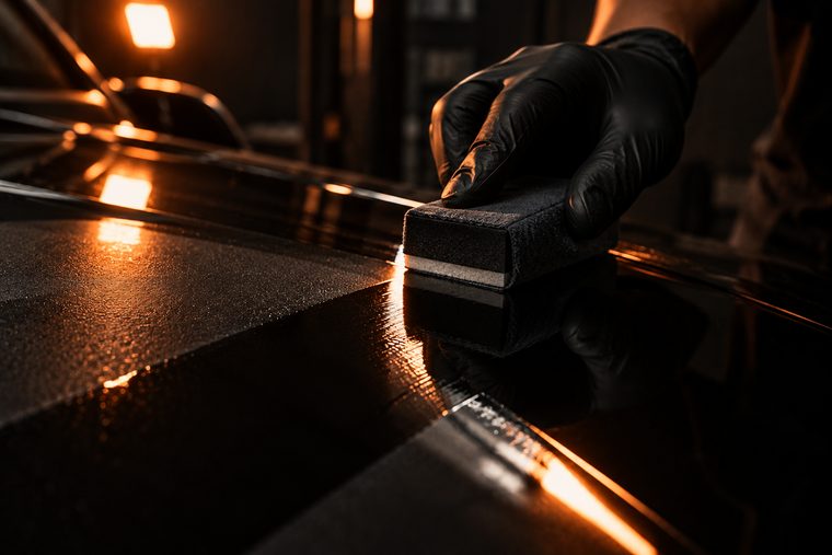 A suede applicator block laying a wet line of ceramic coating across a black panel, the coated strip darker and glossier.