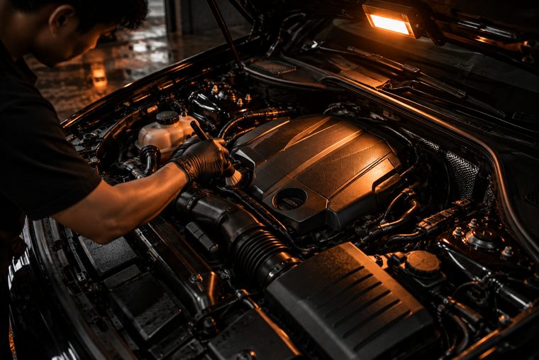 Looking down into a clean, dressed engine bay, a soft brush working into a seam under a clamped work lamp.