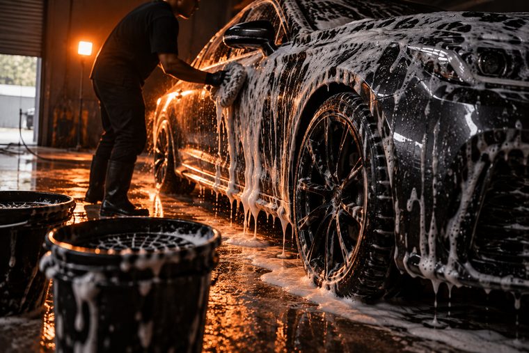Thick white snow-foam sheeting down the wing of a dark car, water running orange under the work lamp.